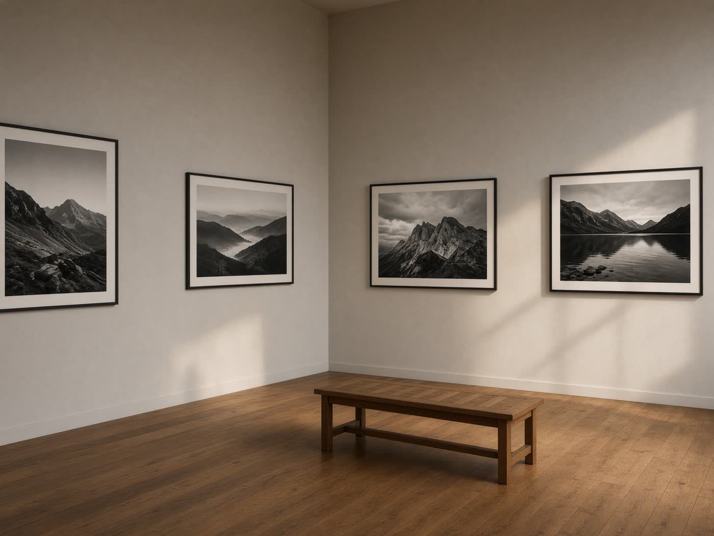 Small photography gallery with black-and-white prints and an empty oak bench