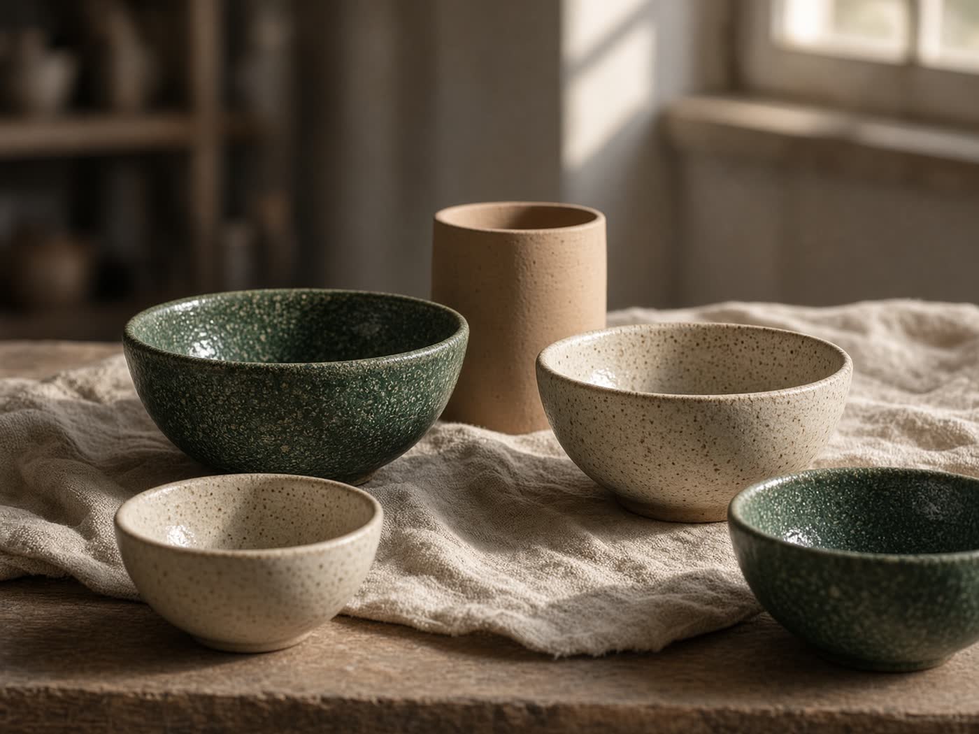 Handmade stoneware bowls and a raw clay cylinder on linen