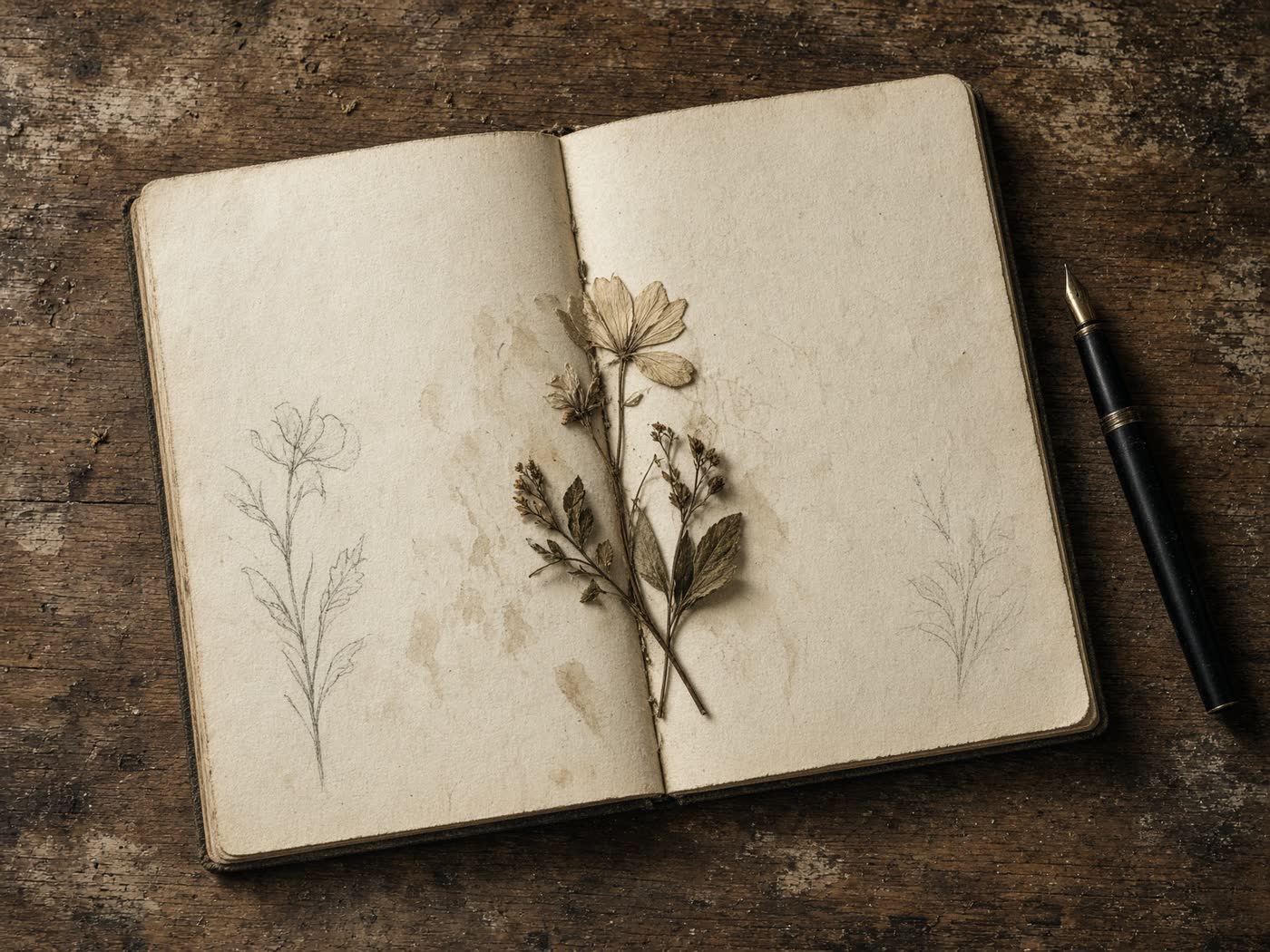 Open bound journal with pressed botanicals and a fountain pen