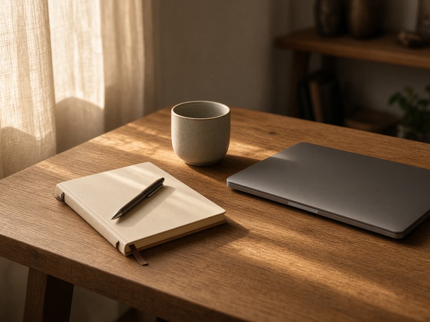 Sunlit studio desk with a notebook, laptop, and ceramic cup