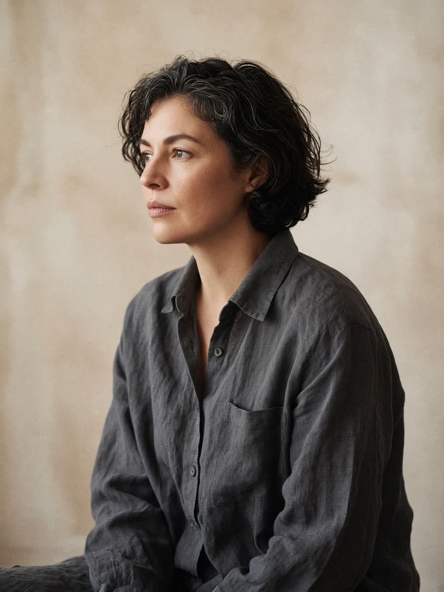 Portrait of Elena Voss in a linen shirt, seated in north light