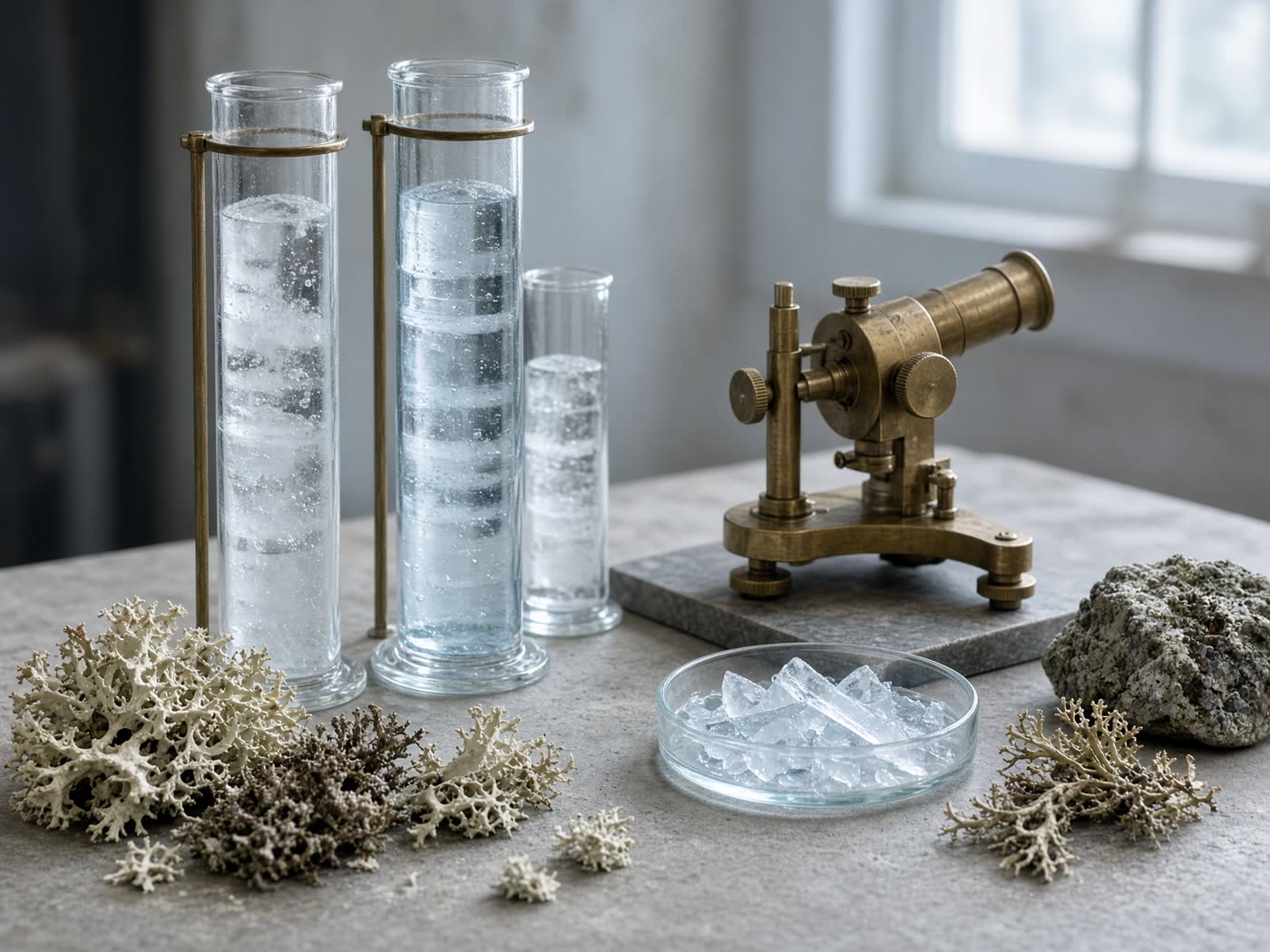 Ice cores in glass tubes with lichen and a brass instrument